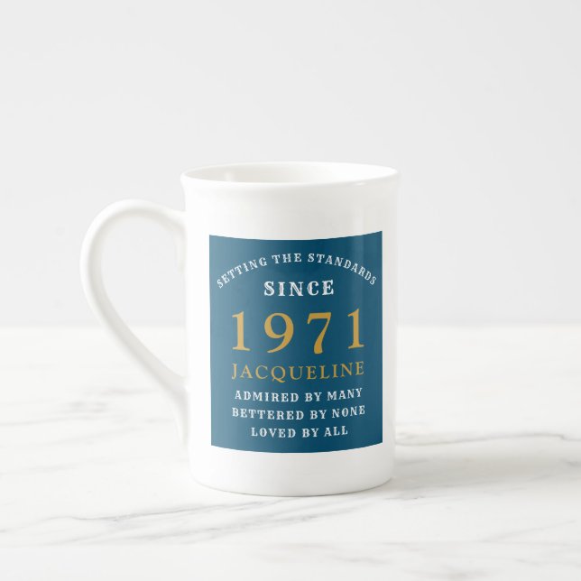 50th Birthday 1971 Blue Gold For Her Personalised Bone China Mug (Left)