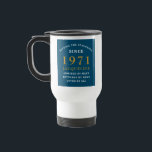 50th Birthday 1971 Blue Gold For Her Personalised Travel Mug<br><div class="desc">A personalised classic design for that birthday celebration for a special woman born in 1971. Add the name to this vintage retro style , white and gold design for a custom birthday gift. Easily edit the name and year with the template provided. A wonderful custom birthday gift. More gifts and...</div>