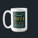 50th Birthday 1971 Green Gold For Her Personalised Coffee Mug<br><div class="desc">A personalised classic design for that birthday celebration for a special woman born in 1971. Add the name to this vintage retro style , white and gold design for a custom birthday gift. Easily edit the name and year with the template provided. A wonderful custom birthday gift. More gifts and...</div>