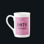 50th Birthday 1971 Pink Black For Her Personalised Bone China Mug<br><div class="desc">A personalised classic paper plate design for that birthday celebration for a special woman born in 1971. Add the name to this vintage retro style pink, white and black design for a custom birthday gift. Easily edit the name and year with the template provided. A wonderful custom red birthday gift....</div>