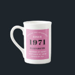 50th Birthday 1971 Pink Black For Her Personalised Bone China Mug<br><div class="desc">A personalised classic paper plate design for that birthday celebration for a special woman born in 1971. Add the name to this vintage retro style pink, white and black design for a custom birthday gift. Easily edit the name and year with the template provided. A wonderful custom red birthday gift....</div>