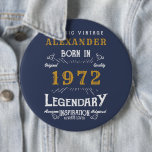 50th Birthday 1972 Add Name Blue Gold Legendary 6 Cm Round Badge<br><div class="desc">Born 1972,  50th Birthday add your name badge / button. Edit the name and year with the template provided. A wonderful custom blue birthday design. More gifts and party supplies available with the "Legendary" design in the store.</div>