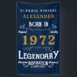50th Birthday 1972 Add Name Blue Gold Legendary Banner<br><div class="desc">Personalised birthday banner. Add the name to this vintage style retro print birthday banner. Edit the name and year with the template provided. A wonderful custom blue birthday wall hanging with white and gold vintage style typography.  More gifts and party supplies available with the "Legendary" design in the store.</div>