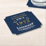 50th Birthday 1972 Add Name Legendary Blue Gold Paper Coaster<br><div class="desc">Personalised birthday add your name birthday drink coaster. Edit the name and year with the template provided. A wonderful custom blue birthday idea. More gifts and party supplies available with the "Legendary" design in the store.</div>