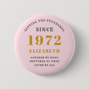 50th Birthday 1972 Elegant Gold Pink Grey 6 Cm Round Badge