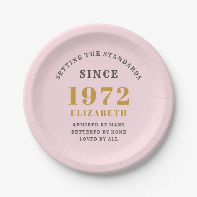 50th Birthday 1972 Elegant Gold Pink Grey Paper Plate (Front)