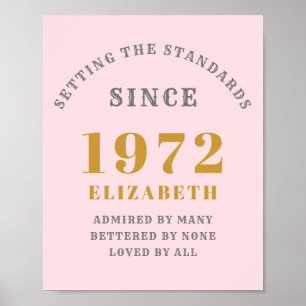 50th Birthday 1972 Elegant Pink Grey Gold Chic Poster