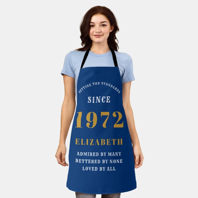 50th Birthday 1972 Elegant White Blue Gold Apron (Worn)