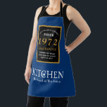 50th Birthday 1972 Name Elegant Black Gold Blue Apron<br><div class="desc">A wonderful birthday black and gold design on an apron for that special celebration. Easily customise the text using the template provided. Part of the setting standards range of birthday supplies.</div>