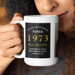 50th Birthday 1973 Black Gold Add Name Photo Large Coffee Mug<br><div class="desc">A huge black and gold photo mug for those special people. Easily customise the text and photo using the template provided. Part of the setting standards range.</div>