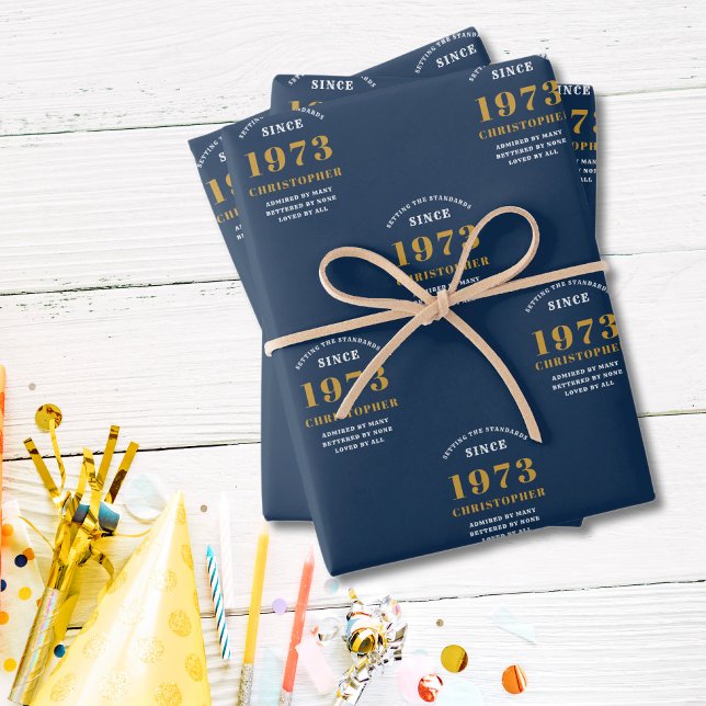 50th Birthday 1973 Blue Gold Add Name Wrapping Paper Sheet (Creator Uploaded)