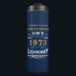 50th Birthday 1973 Legendary Blue Gold Add Name Thermal Tumbler<br><div class="desc">50th Birthday,  1973,  vintage  "Original Quality Legendary Inspiration" thermal tumbler. Add the name and year as desired in the template fields creating a unique 50th birthday celebration item. Team this up with the matching gifts,  party accessories,  and clothing available in our store www.zazzle.com/store/thecelebrationstore</div>