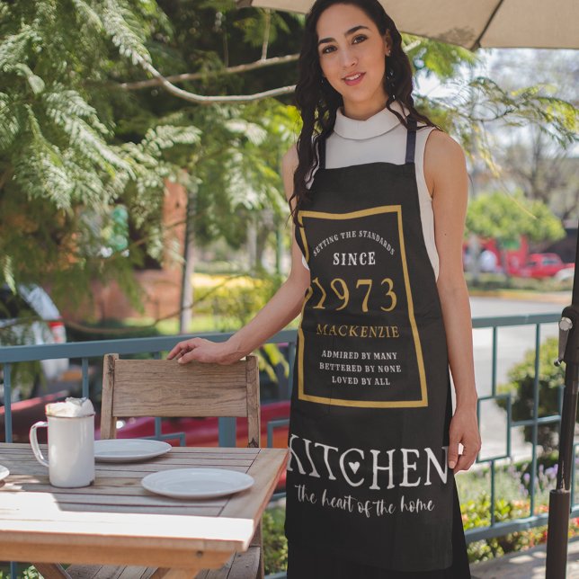 50th Birthday 1973 Name Elegant Black Gold Chic Apron (Creator Uploaded)