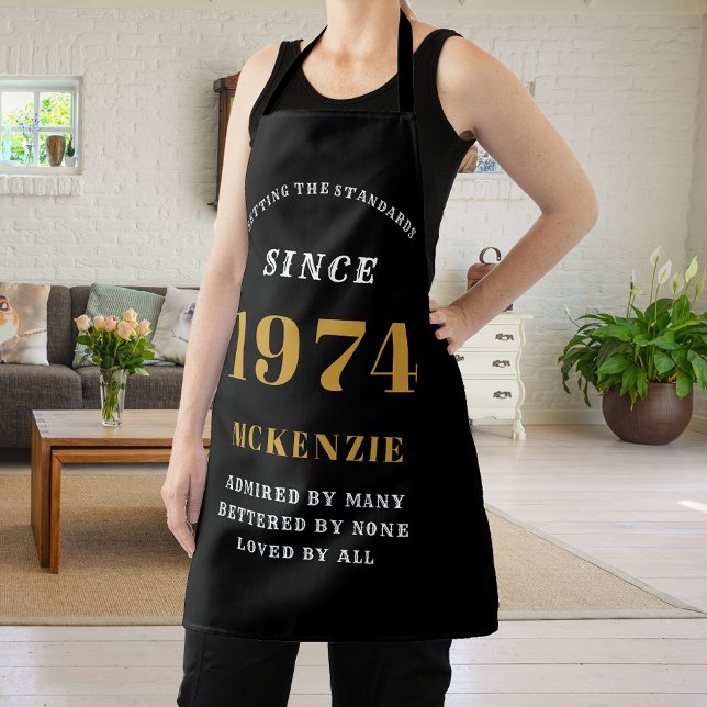 50th Birthday 1974 Name Chic Elegant Black Gold Apron (Elegant Black & Gold Chic Apron - 50th Birthday 1974 Name Personalized Kitchen & BBQ Essentials.)