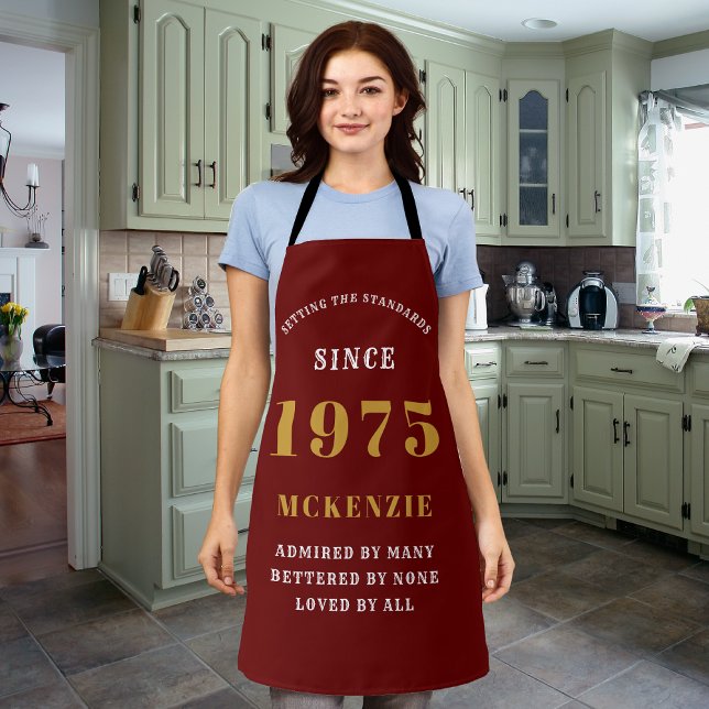 50th Birthday 1975 Name Chic Elegant Red Gold Apron (Personalized 50th birthday red apron.)