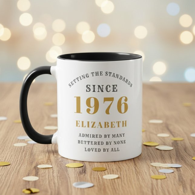 50th Birthday 1976 Add Name Elegant Mug (Born 1976 birthday gift mug. Wood table and blurred background.)