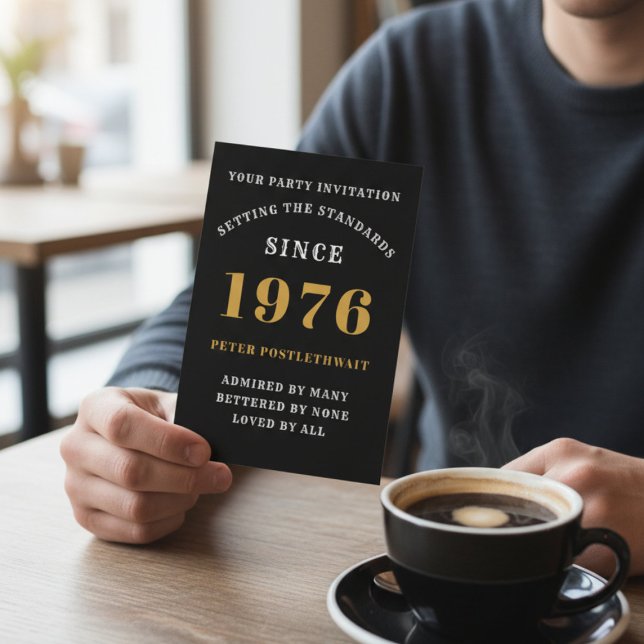 50th Birthday 1976 Black Gold Personalised For Him Invitation (50th birthday black and gold invitation)