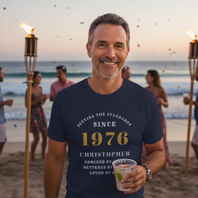 50th Birthday 1976 Blue White Gold Elegant Name T-Shirt (50th birthday blue tshirt worn at the beach)