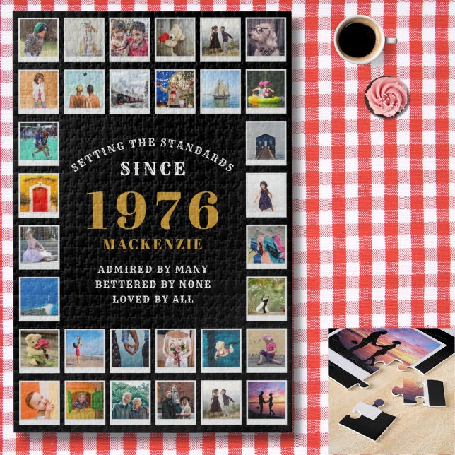 50th Birthday 1976 Family Memories Photo Collage Jigsaw Puzzle (1976 photo collage jigsaw puzzle. Background red and white check tablecloth)