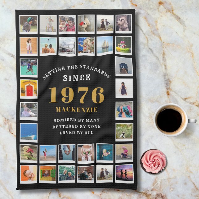 50th Birthday 1976 Family Memories Photo Collage Tea Towel (1976 Kitchen towel. Marble background.)