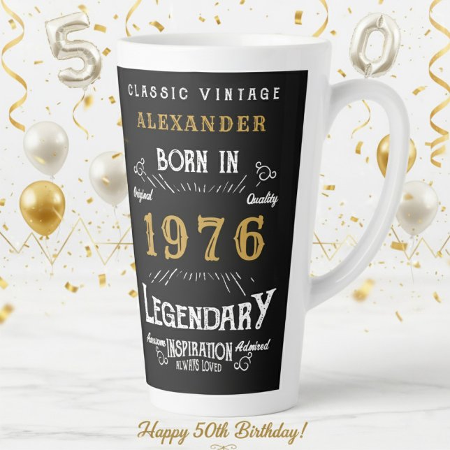 50th Birthday 1976 Legendary Retro Latte Mug (1976 latte mug on a white and gold background)