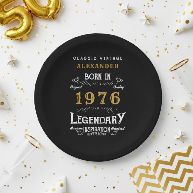50th Birthday 1976 Legendary Retro Paper Plate (1976 black paper plate on a white and gold background.)