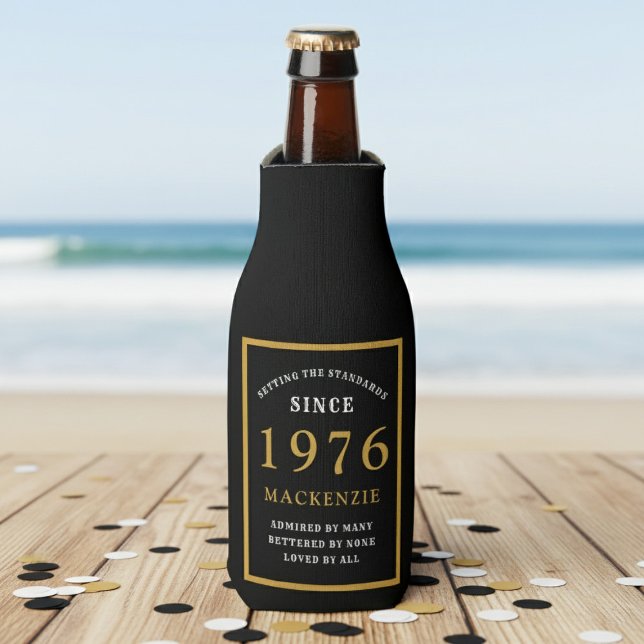 50th Birthday 1976 Name Elegant Chic Black Gold Bottle Cooler (Born 1976 bottle cooler. Beach background.)