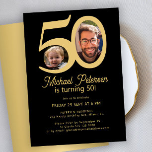 50th birthday 2 photos black gold birthday party invitation