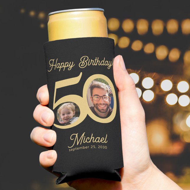 50th birthday 2 photos name gold black seltzer can cooler (Creator Uploaded)