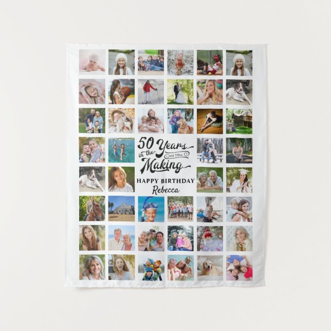 50th Birthday 44 Photo Collage Party Backdrop Tapestry (Front)