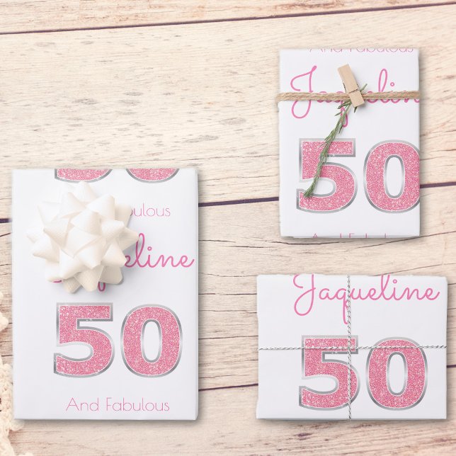 50th Birthday 50 And Fabulous Girly Pink Glitter Wrapping Paper Sheet (Creator Uploaded)