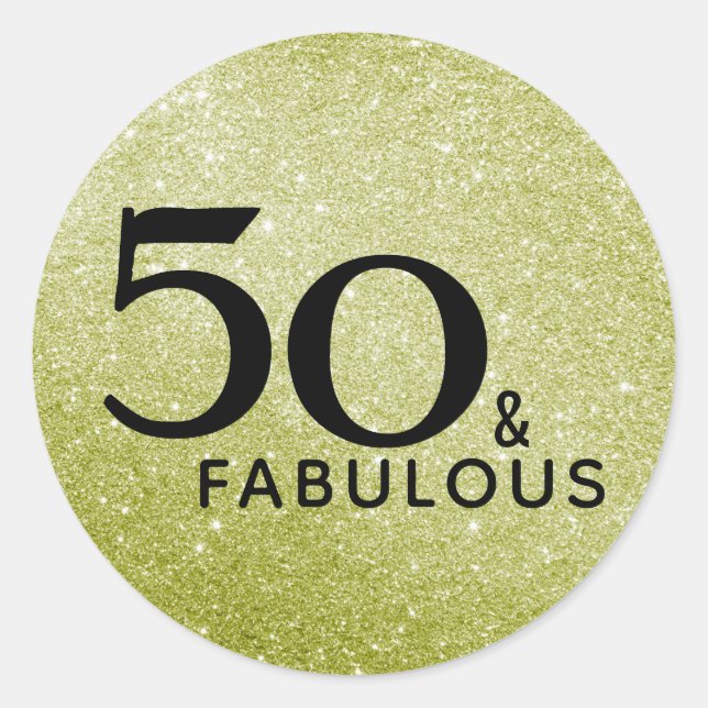 50th Birthday 50 and Fabulous Gold Black Glitter Classic Round Sticker (Front)