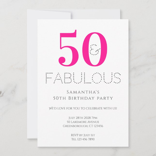 50th Birthday 50 and Fabulous Hot Pink Party Invitation (Front)
