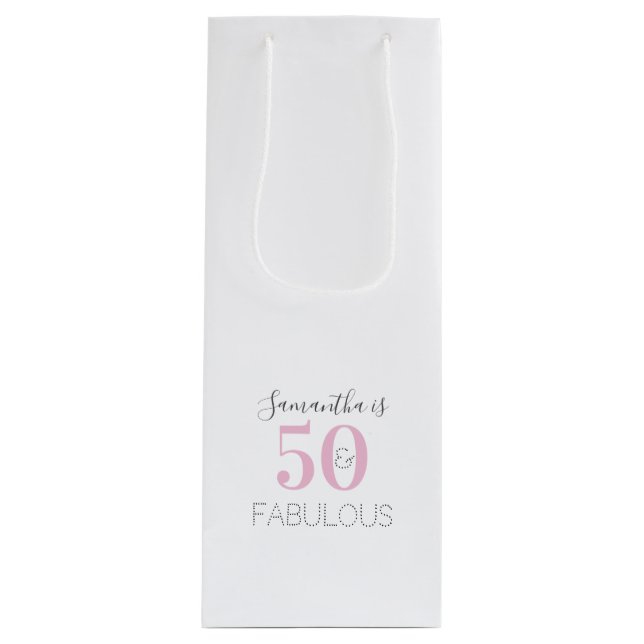 50th Birthday 50 and Fabulous Modern Pink Birthday Wine Gift Bag (Front)