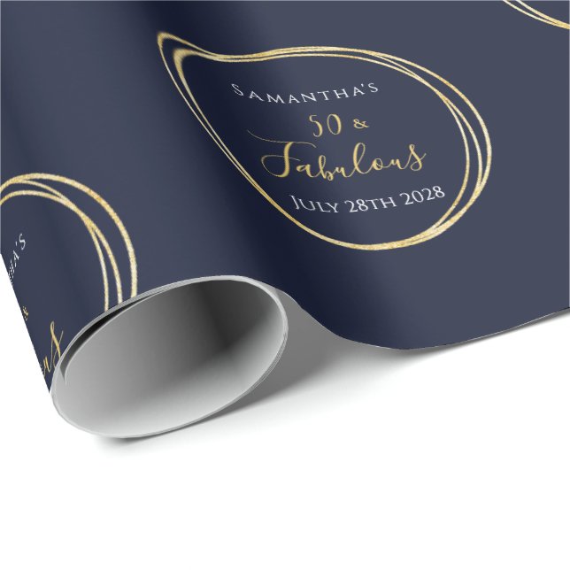 50th Birthday 50 and Fabulous Navy Gold Birthday Wrapping Paper (Roll Corner)