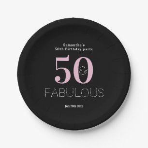 50th Birthday 50 Fabulous Black Pink Party Paper Plate