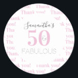 50th Birthday 50 fabulous Modern Pink Thank You Classic Round Sticker<br><div class="desc">This is a personalised modern, 50 and fabulous birthday thank you sticker design. It is in pink, black and grey typography and the message "Samantha's 50 and Fabulous" and "Thank you" as a repeat pattern as the background. Perfect for a stylish and chic 50th birthday party celebration and ideal for...</div>