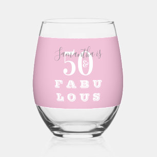 50th Birthday 50 fabulous Pink Gray Personalized Stemless Wine Glass