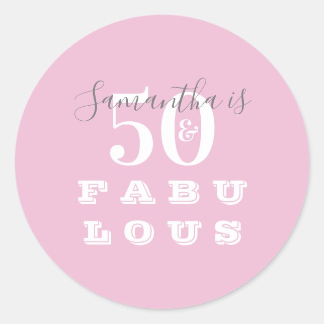 50th Birthday 50 fabulous Pink Grey Birthday Party Classic Round Sticker (Front)