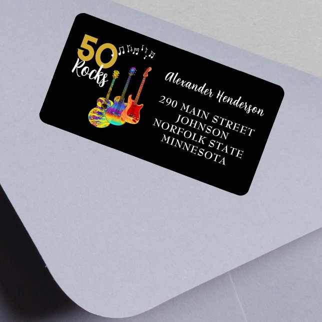 50th Birthday 50 Rocks  Label (Rock and roll 50th birthday return address label funky psychedelic guitars & 50 Rocks gold and black)