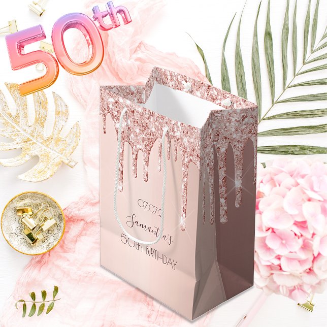 50th birthday 50 rose gold drips name medium gift bag (Creator Uploaded)