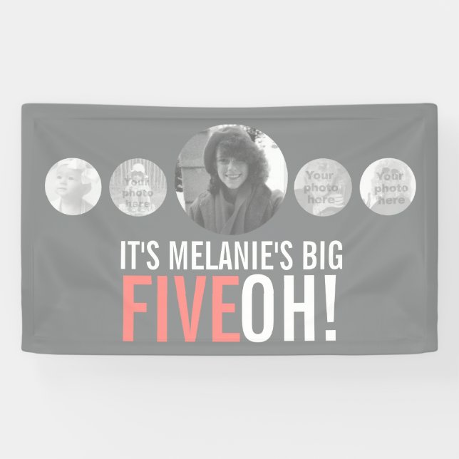50th birthday 5 custom photos grey coral banner (Horizontal)