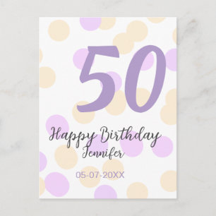 50th birthday add name date purple orange polkadot postcard