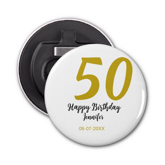 50th birthday add name date year black template go bottle opener (Front)