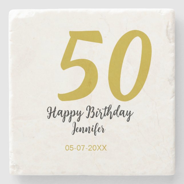 50th birthday add name date year black template go stone coaster (Front)