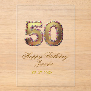 50th birthday add name date year gold floral bold  acrylic invitations