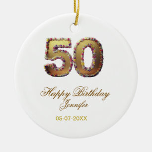 50th birthday add name date year gold floral bold ceramic tree decoration