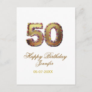 50th birthday add name date year gold floral bold  postcard