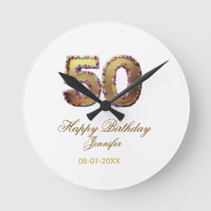 50th birthday add name date year gold floral bold  round clock