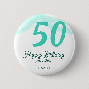 50th birthday add name date year green pastel bold 6 cm round badge